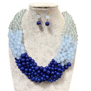 Six Strand Blue And Navy Blue Lucite Bead Braided Necklace Earring set